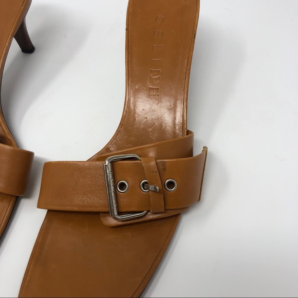 CELINE 38.5 Tan Buckle Kitten Heels B, Sandals - Picture 3 of 8